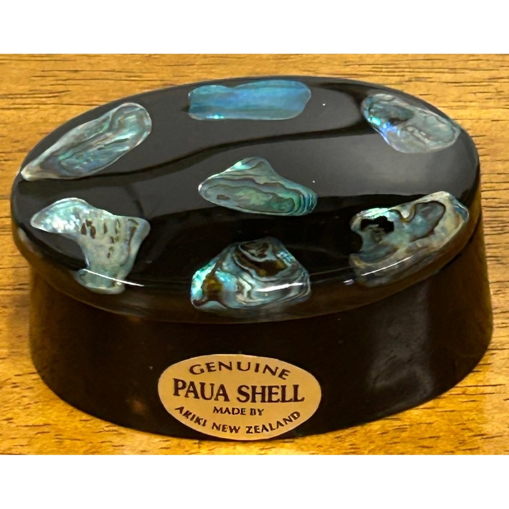 Ariki New‎ Zealand Genuine Paua Shell Black Resin Mini Oval Trinket Jewelry Box